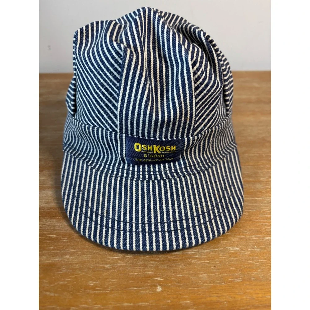 Vintage OshKosh Bgosh Kids Engineer Hat Hickory Stripe Blue White Made in USA